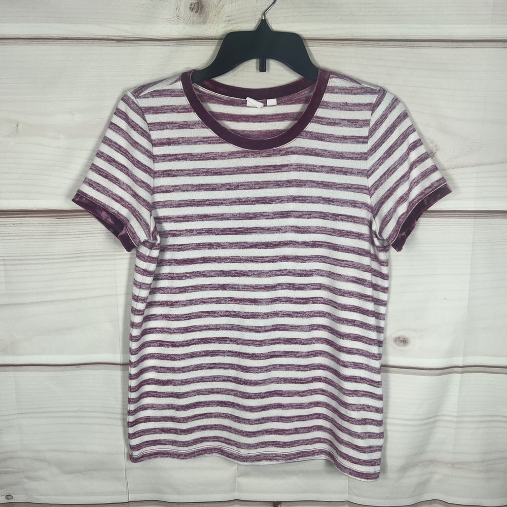 GAP Striped T-Shirt Women Small Burgundy Velvet Trim Crew Neck Tee Knit Pullover